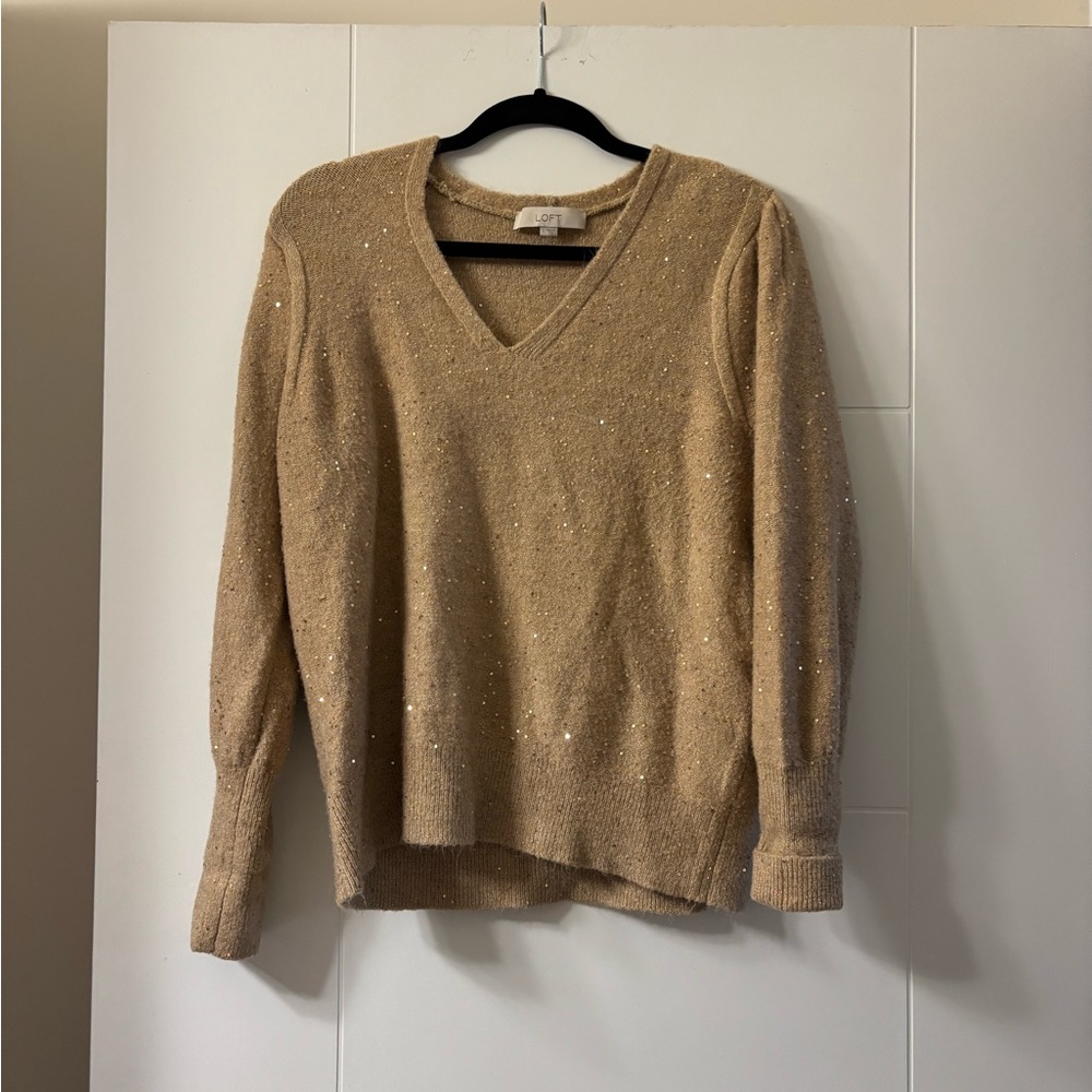 LOFT Sparkling Gold V-Neck Sweater large
